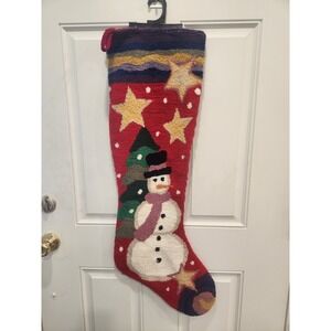 Vintage Jumbo Christmas Stocking 36" Hooked Wool & Cotton Velvet Backing Snowman